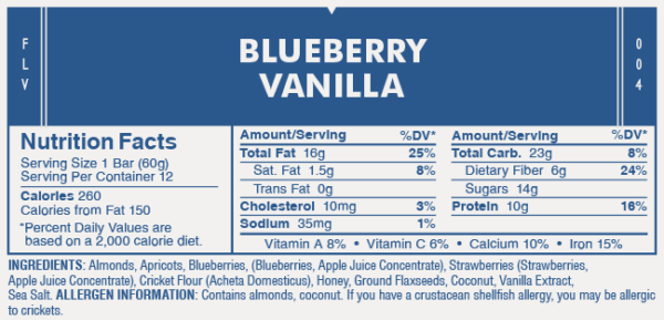 Blueberry Vanilla Protein Bar Nutrition Label