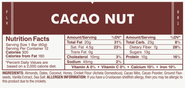 Cacao Nut Protein Bar Nutrition Label
